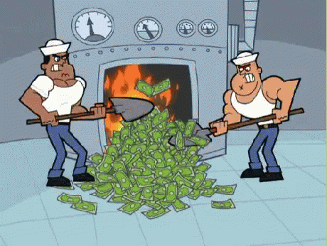 A Cartoon Of Two Men Shoveling Money Out Of A Fireplace GIF