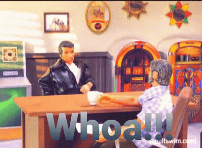 A Cartoon Of Two Men Sitting At A Table With The Words Whoa Written On The Bottom GIF