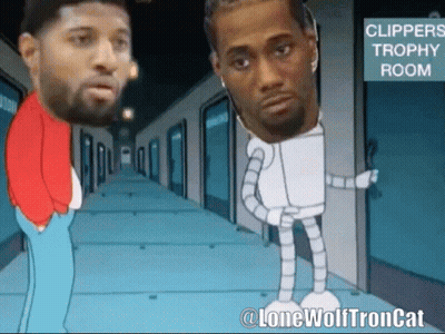 A Cartoon Of Two Men Standing In A Hallway With A Sign That Says Clippers Tropical Room GIF