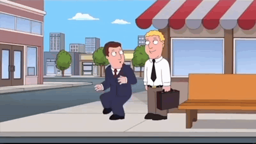 A Cartoon Of Two Men Standing Next To Each Other On The Sidewalk GIF