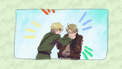 A Cartoon Of Two Men Standing Next To Each Other With A Green Background That Says ' Norway ' On It GIF