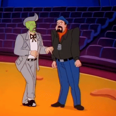 A Cartoon Of Two Men Standing Next To Each Other With One Wearing A Green Mask GIF