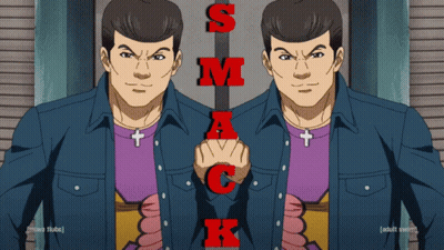 A Cartoon Of Two Men Standing Next To Each Other With Smack Written On The Bottom GIF