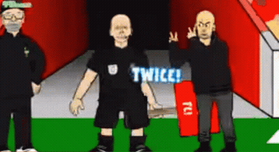 A Cartoon Of Two Men Standing Next To Each Other With The Word Twice On Their Shirt . GIF