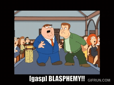 A Cartoon Of Two Men Standing Next To Each Other With The Words Gasp Blasphemy On The Bottom GIF