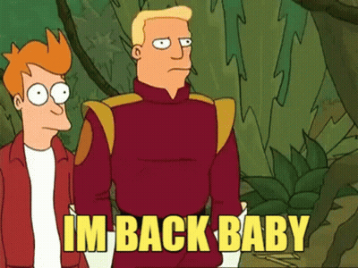 A Cartoon Of Two Men Standing Next To Each Other With The Words `` Im Back Baby '' Written On The Bottom . GIF