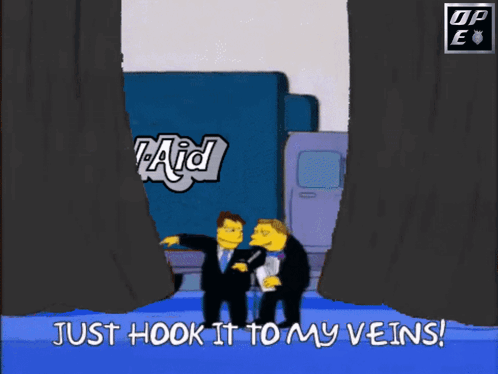 A Cartoon Of Two Men Standing Next To Each Other With The Words Just Hook It To My Veins GIF