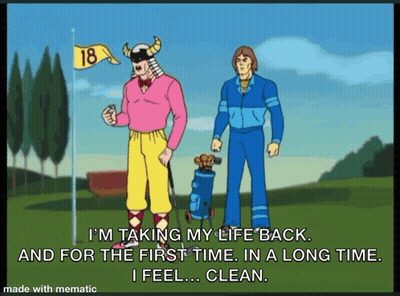 A Cartoon Of Two Men Standing On A Golf Course With The Number 18 In The Background GIF