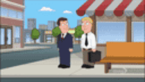 A Cartoon Of Two Men Standing On A Sidewalk Talking To Each Other GIF