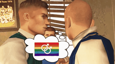 A Cartoon Of Two Men Talking With A Rainbow Flag In The Middle GIF