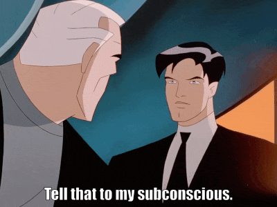A Cartoon Of Two Men With The Words Tell That To My Subconscious Below Them GIF