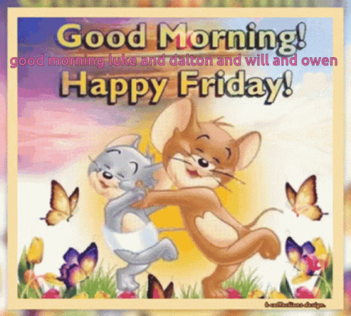 A Cartoon Of Two Mice Hugging Each Other With The Words Good Morning Luke And Dalton And Will And Owen Happy Friday GIF