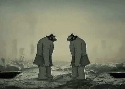 A Cartoon Of Two Monkeys Standing Next To Each Other In A Field GIF