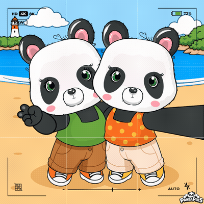 A Cartoon Of Two Panda Bears Taking A Selfie On A Beach GIF