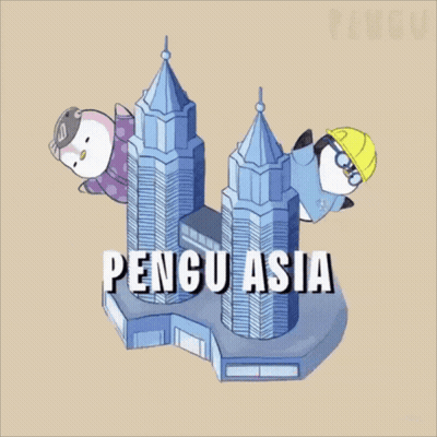 A Cartoon Of Two Penguins And A Building That Says " Pengu Asia " GIF