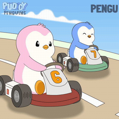 A Cartoon Of Two Penguins Driving Go Karts With The Name Pengu On The Bottom Right GIF