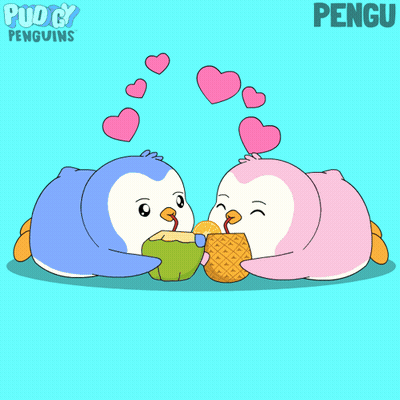 A Cartoon Of Two Penguins Eating Pineapples With The Name Pengu On The Bottom Right GIF