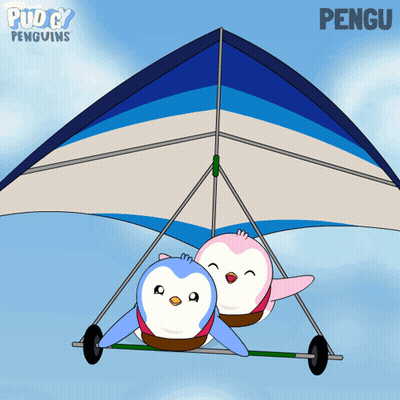A Cartoon Of Two Penguins Flying On A Puddy Penguins Paraglider GIF