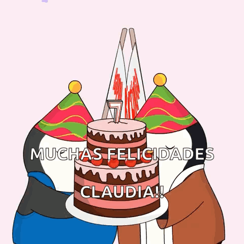 A Cartoon Of Two Penguins Holding A Cake That Says Happy 7Th Birthday GIF