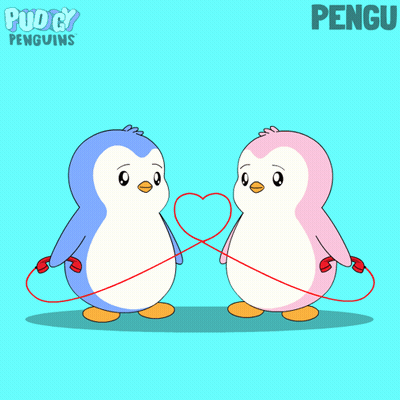 A Cartoon Of Two Penguins Holding A Red String With The Word Pengu On The Bottom Right GIF