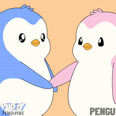 A Cartoon Of Two Penguins Holding Hands With The Words Hi Pengu Behind Them GIF