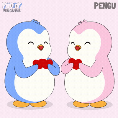 A Cartoon Of Two Penguins Holding Red Hearts With The Name Pengu On The Bottom GIF