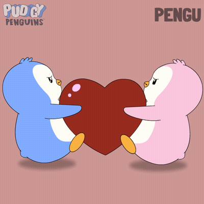 A Cartoon Of Two Penguins Hugging A Heart With The Word Pengu On The Bottom Right GIF