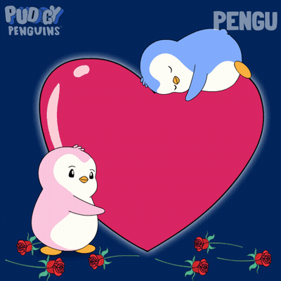 A Cartoon Of Two Penguins Hugging A Large Heart With The Word Pengu On It GIF