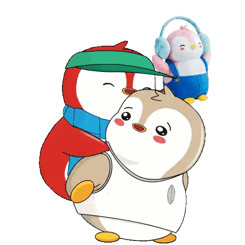 A Cartoon Of Two Penguins Hugging Each Other With One Wearing Headphones Sticker