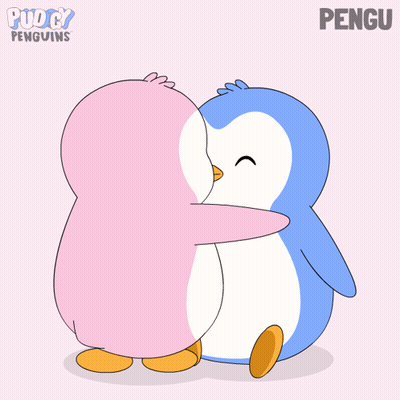 A Cartoon Of Two Penguins Hugging Each Other With The Words Puddy Penguins Behind Them GIF