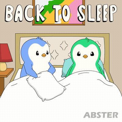 A Cartoon Of Two Penguins In A Bed With The Words " Back To Sleep " Above Them GIF