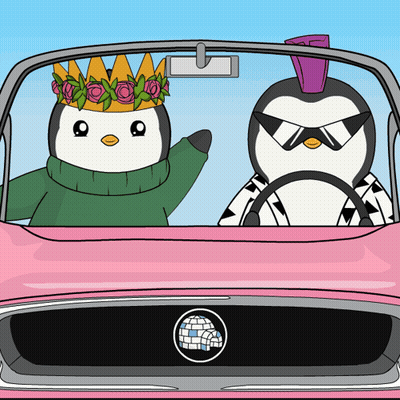A Cartoon Of Two Penguins In A Car With One Wearing A Crown GIF