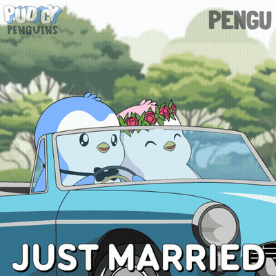 A Cartoon Of Two Penguins In A Car With The Caption Just Married GIF