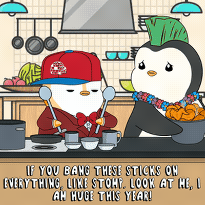 A Cartoon Of Two Penguins In A Kitchen With The Caption If You Bang These Sticks On Everything GIF