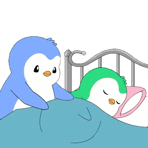 A Cartoon Of Two Penguins Laying On A Bed With A Blue Blanket Sticker