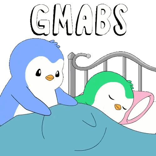 A Cartoon Of Two Penguins Laying On A Bed With The Words Gmabs Written Above Them Sticker