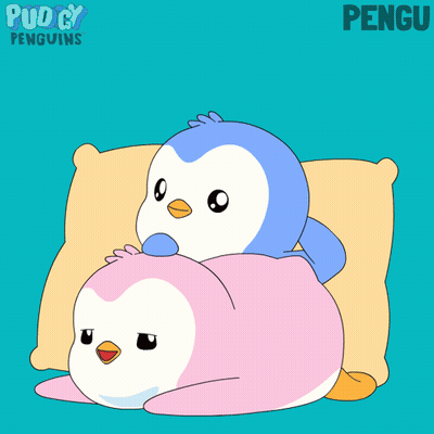 A Cartoon Of Two Penguins Laying On A Pillow With The Word Pengu On The Bottom Right GIF