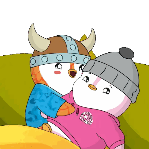 A Cartoon Of Two Penguins One Wearing A Pink Hoodie That Says ' Penguins ' On It Sticker