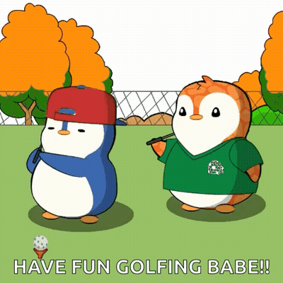 A Cartoon Of Two Penguins Playing Golf With The Words Have Fun Golfing Babe Below Them GIF