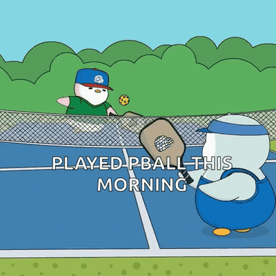 A Cartoon Of Two Penguins Playing Paddleball On A Tennis Court With The Caption " Played Pball This Morning " GIF