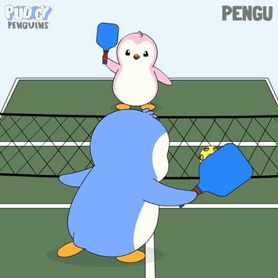 A Cartoon Of Two Penguins Playing Ping Pong With The Words Puddy Penguins On The Bottom GIF