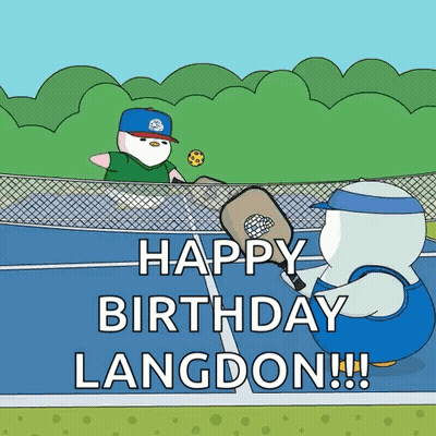 A Cartoon Of Two Penguins Playing Tennis With The Words Happy Birthday Langdon Below Them GIF