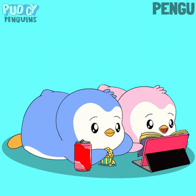 A Cartoon Of Two Penguins Reading A Book And Eating Popcorn With The Word Pengu Above Them GIF