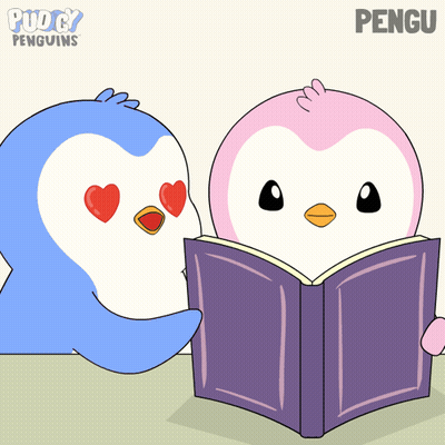 A Cartoon Of Two Penguins Reading A Book With The Words Puddy Penguins On The Bottom GIF