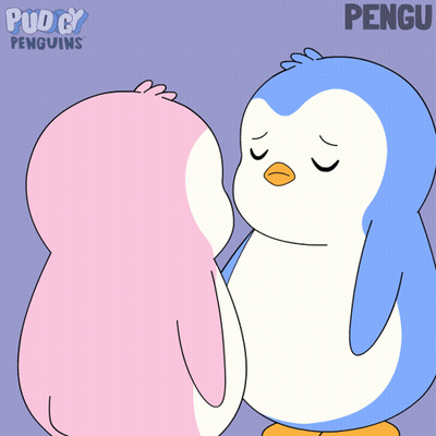 A Cartoon Of Two Penguins Standing Next To Each Other With The Word Pengu On The Bottom GIF