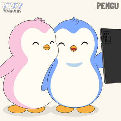 A Cartoon Of Two Penguins Taking A Selfie With A Puddy Penguins Logo Behind Them GIF