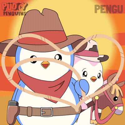 A Cartoon Of Two Penguins Wearing Cowboy Hats And Bandanas GIF
