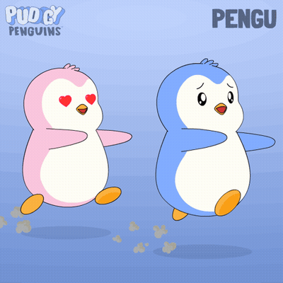 A Cartoon Of Two Penguins With Hearts On Their Faces And The Word Pengu Below Them GIF
