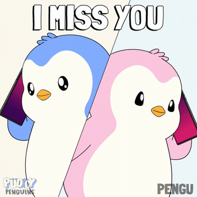 A Cartoon Of Two Penguins With The Words " I Miss You " On The Bottom GIF