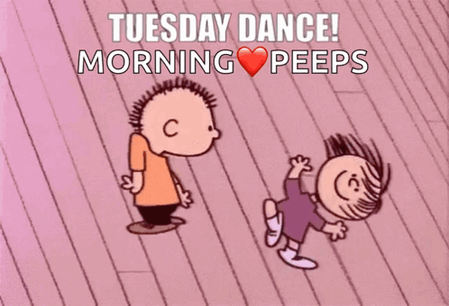 A Cartoon Of Two People Dancing With The Words Tuesday Dance Morning Peeps GIF